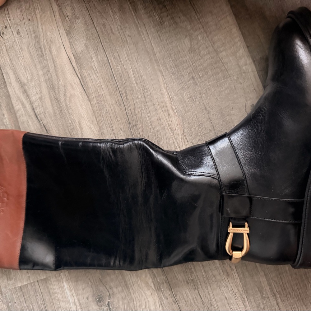 Black Leather Riding Boots with Brown Accent
